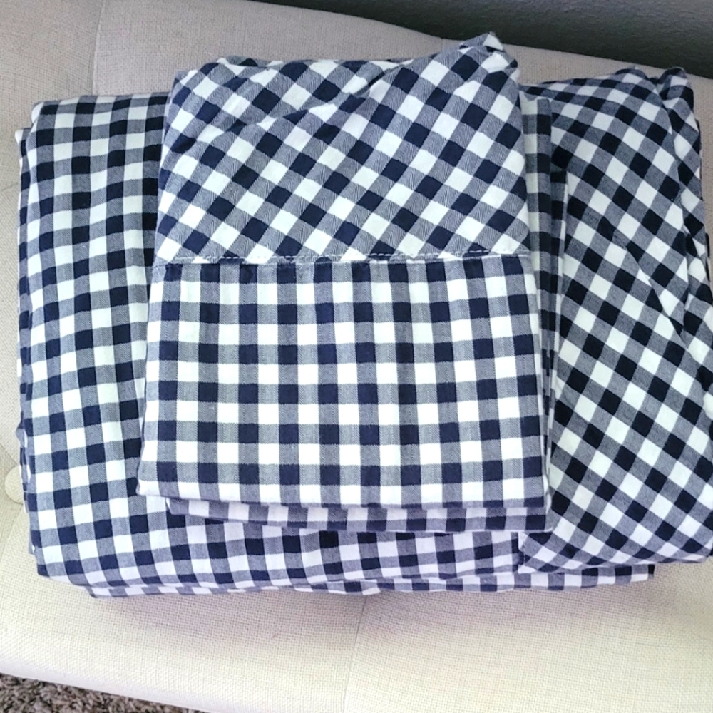 PB Organic Cotton Gingham Check Sheet Set, Queen, Navy EUC